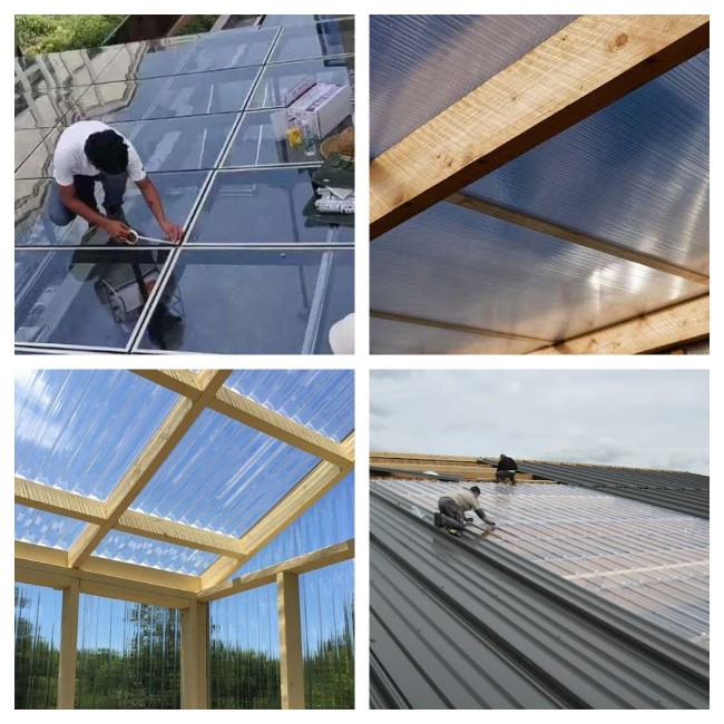 Carrousel de photos représentant des toits en polycarbonate et des couvreurs posant des plaques de polycarbonate sur un toit