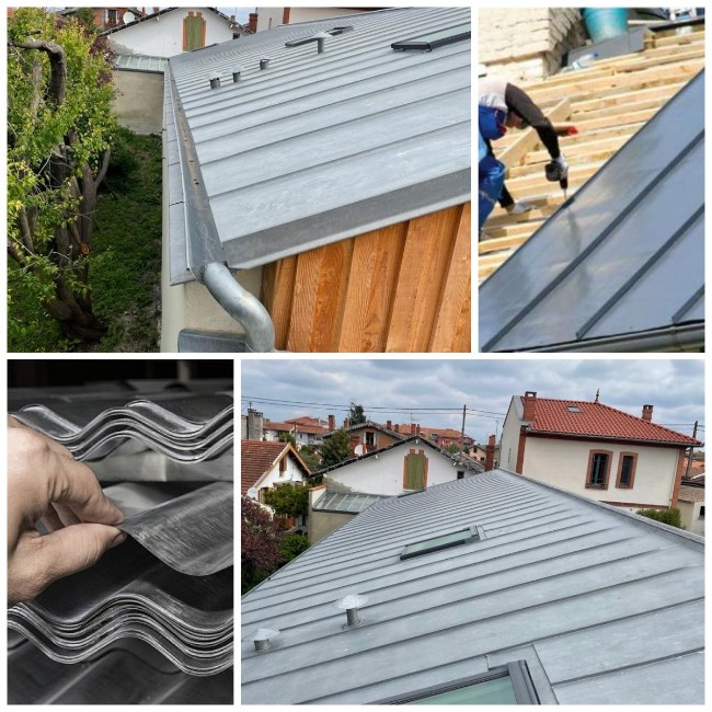 Carrousel de photos représentant des toits en zinc et un couvreur posant des plaques de zinc sur un toit